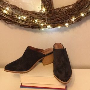 Grey suede bootie with stacked heel!